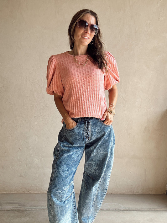 Annie Wear Textured Puff Sleeve Top in Rose