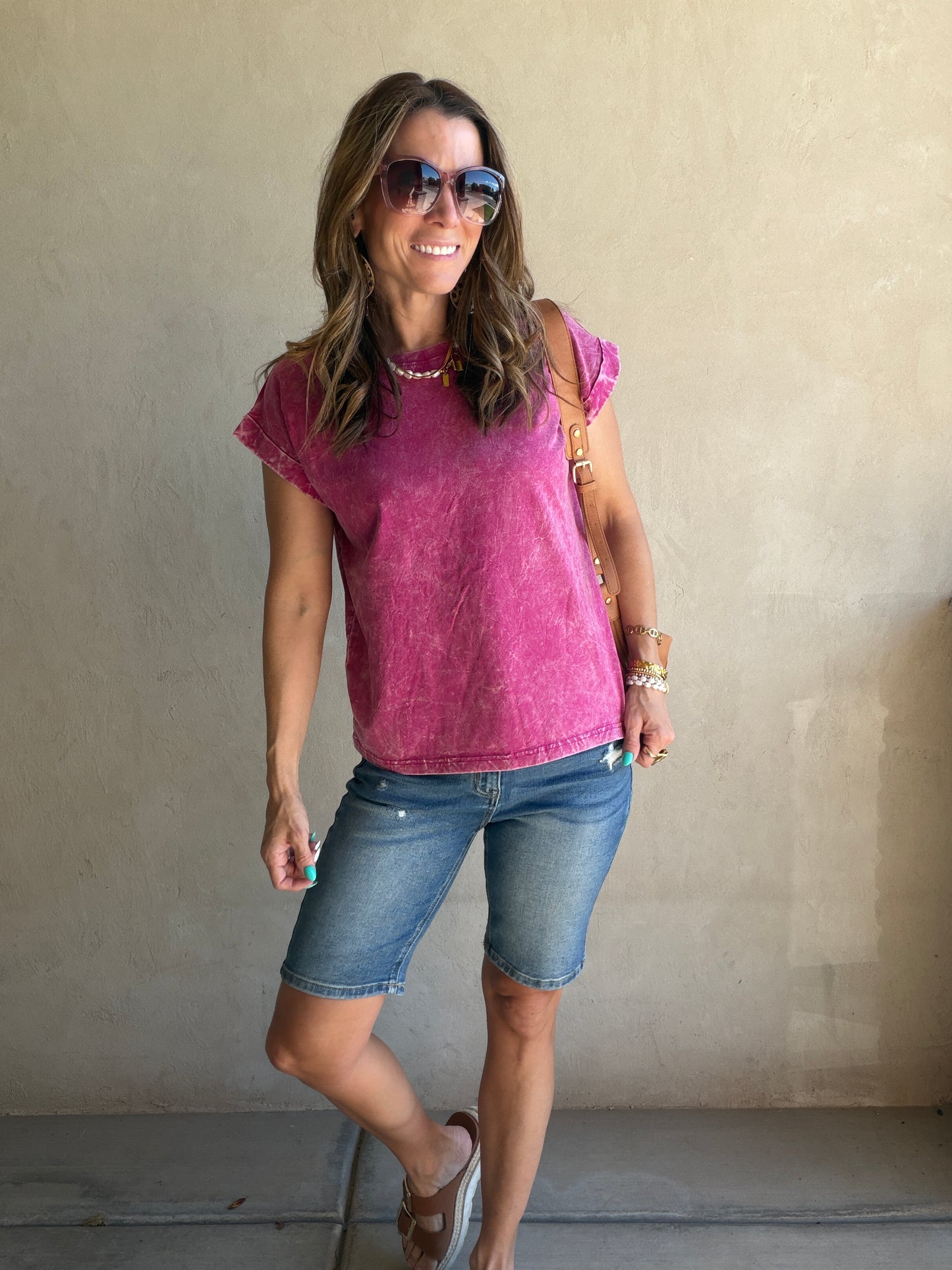 Amber Mineral Washed Top in Magenta