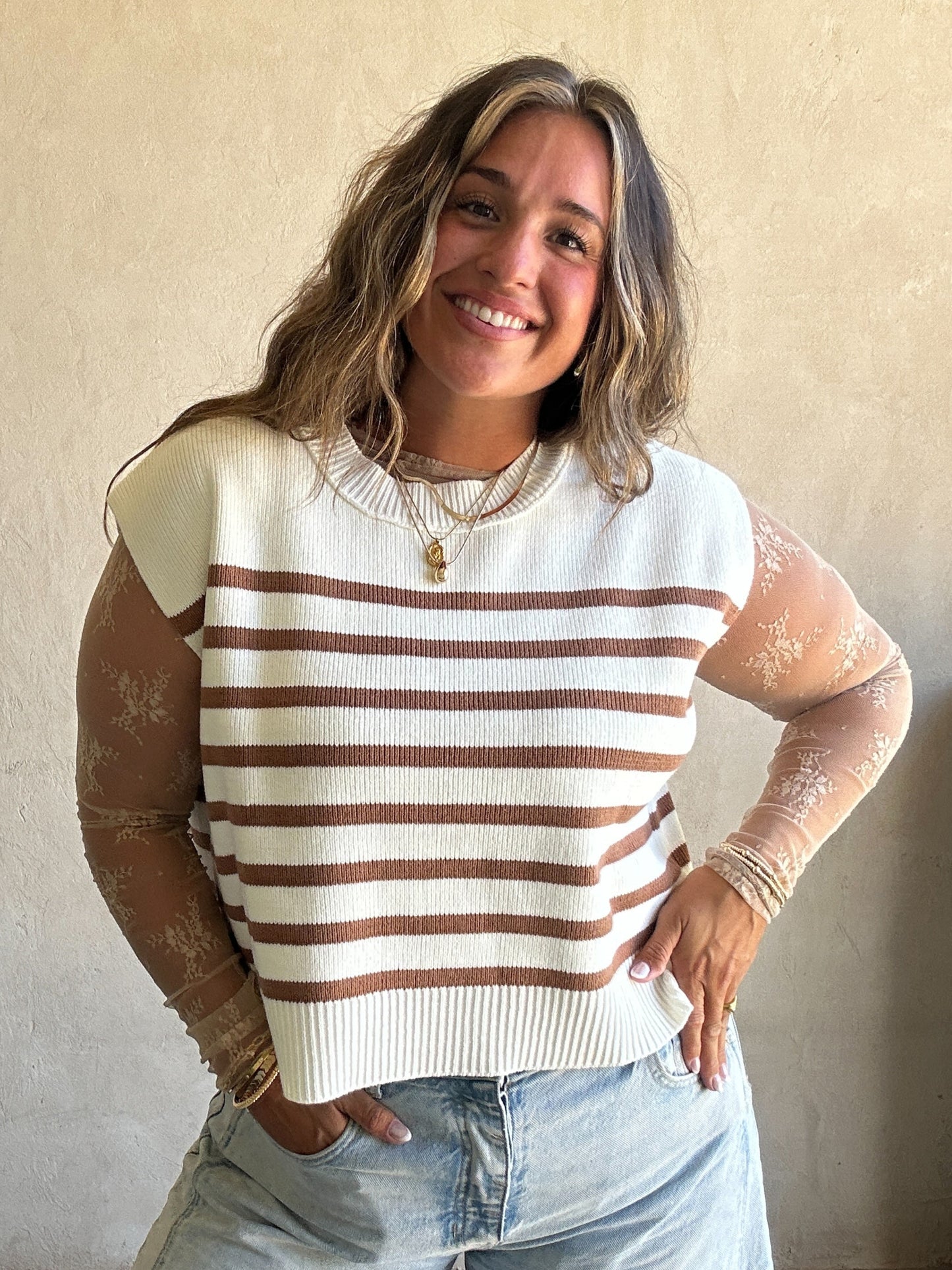 Raimie Striped Vest in Mocha & White