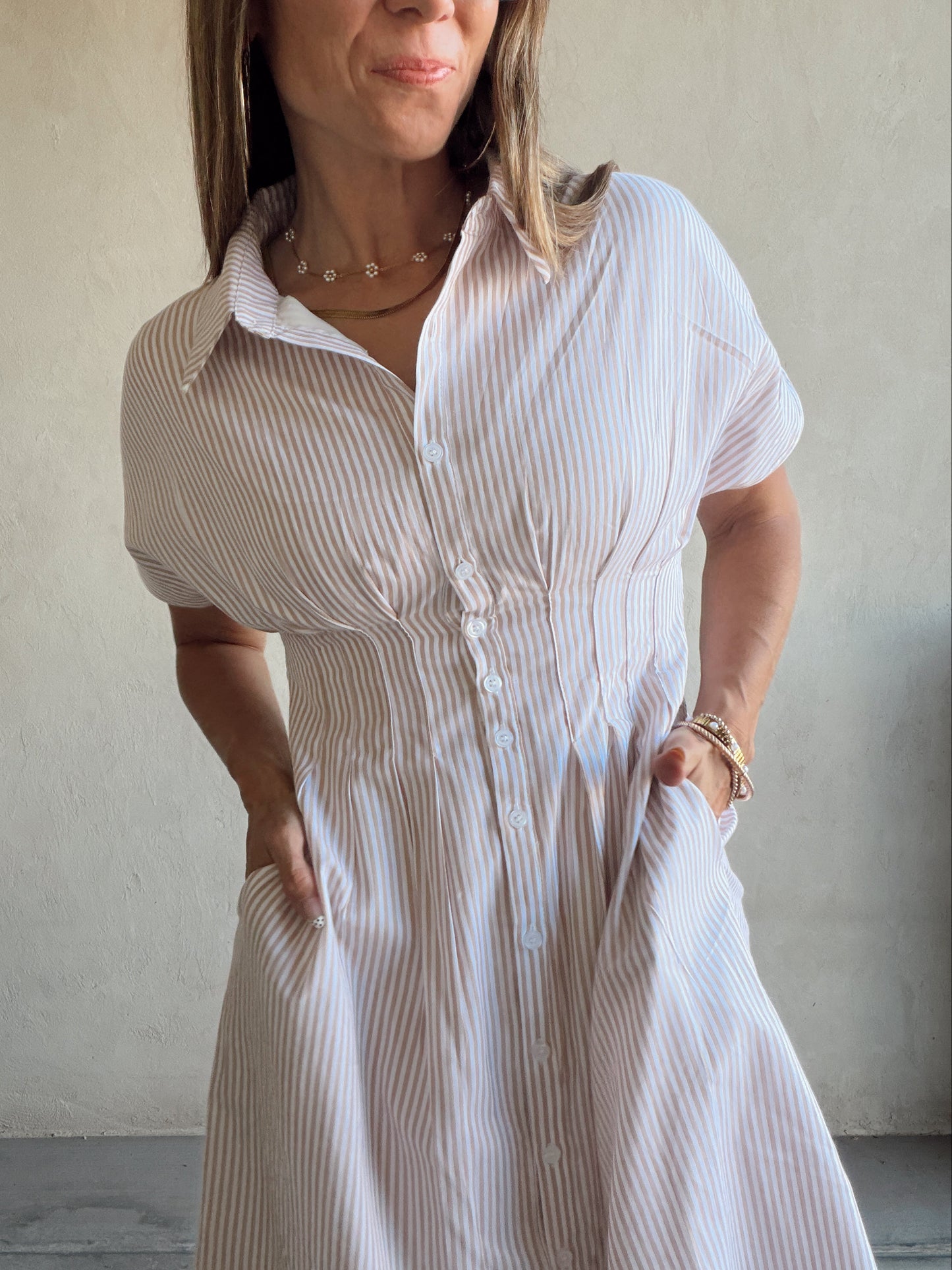 Sherri Striped Dress in Taupe & White