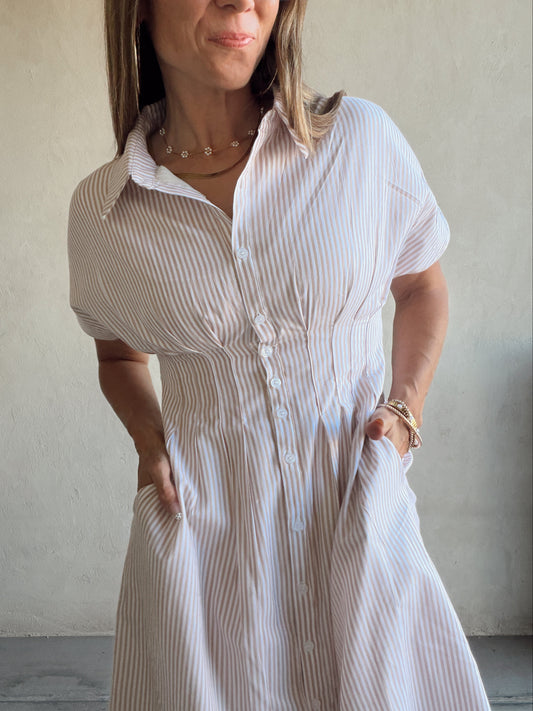 Sherri Striped Dress in Taupe & White