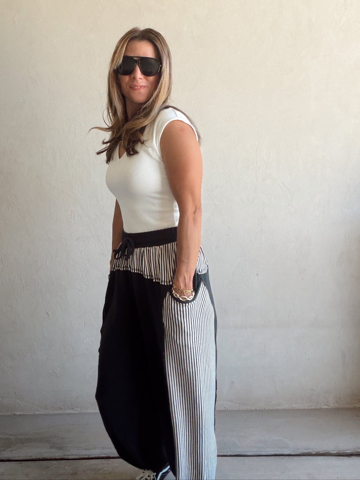 Barrel Pants in Charcoal & Stripes