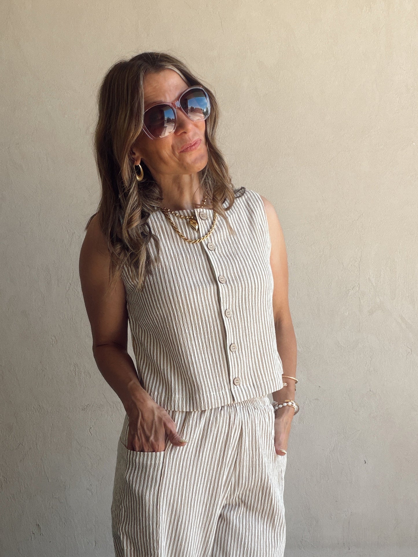 Melinda Tank in Taupe & White