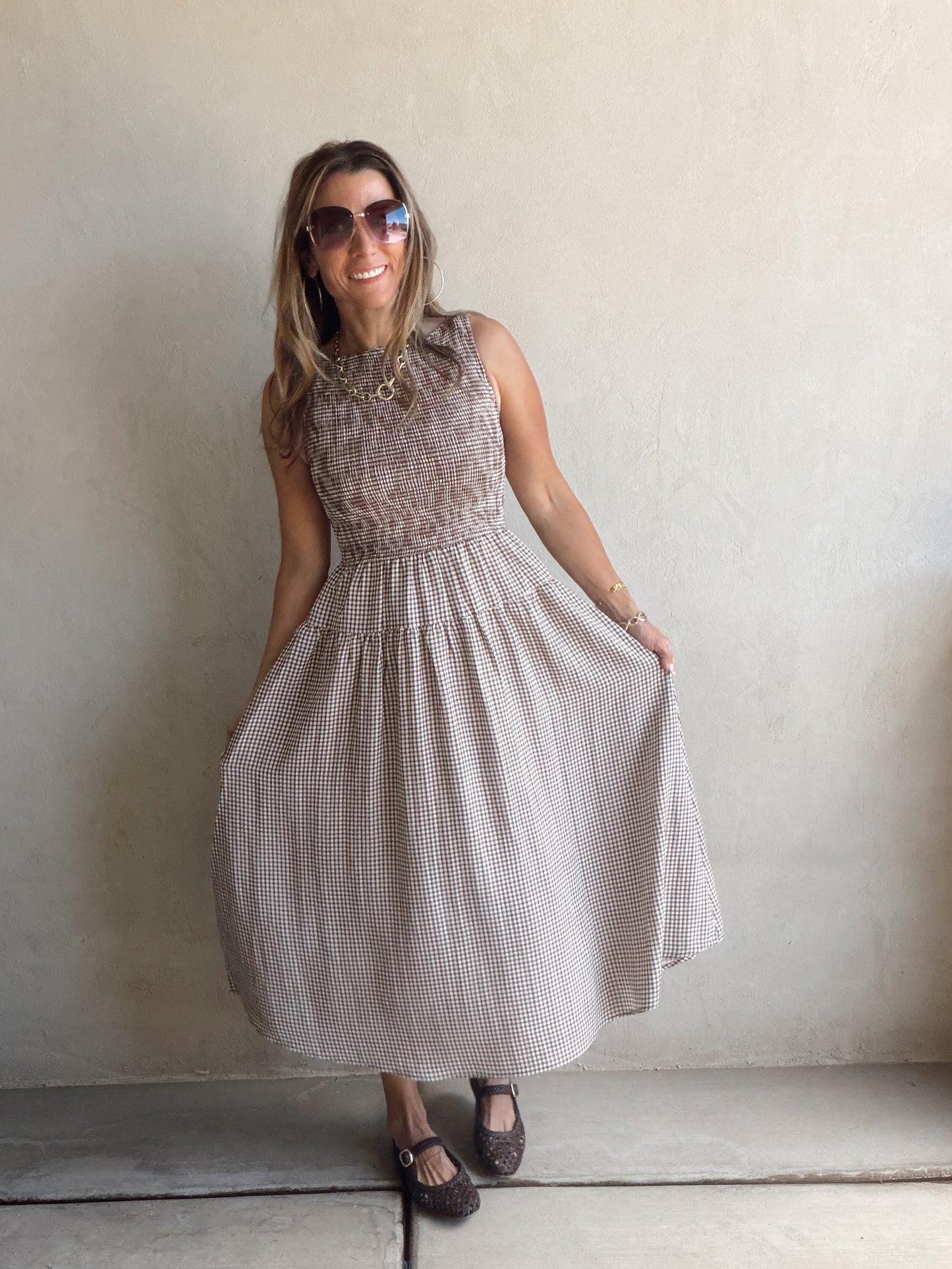 Denise Dress in Gingham Dress in Chocolate & Cream