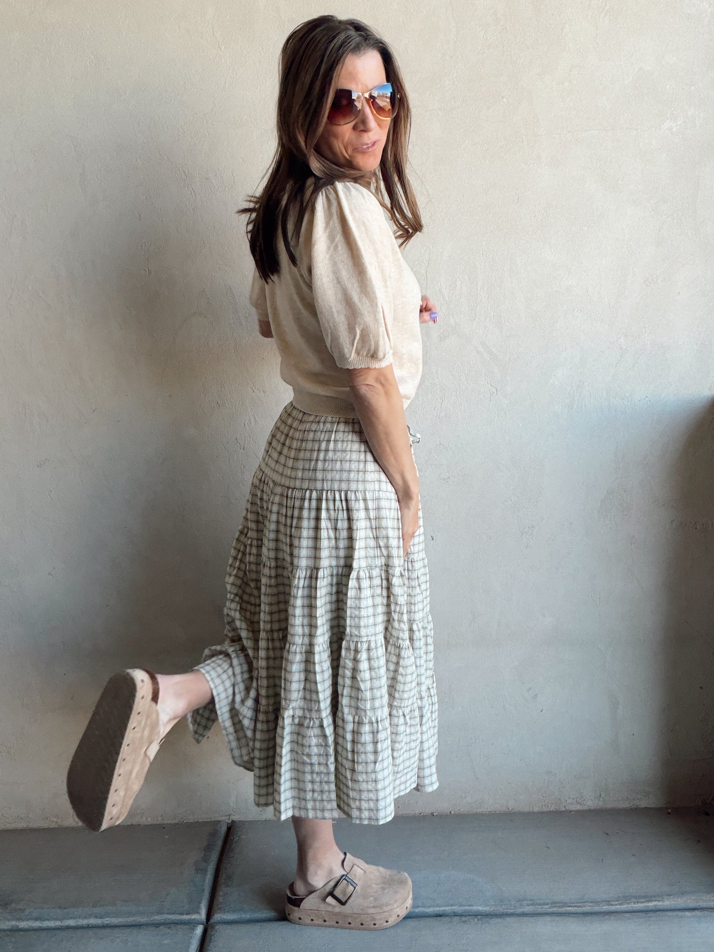 Sadie Midi Skirt in Olive, Tan & Cream