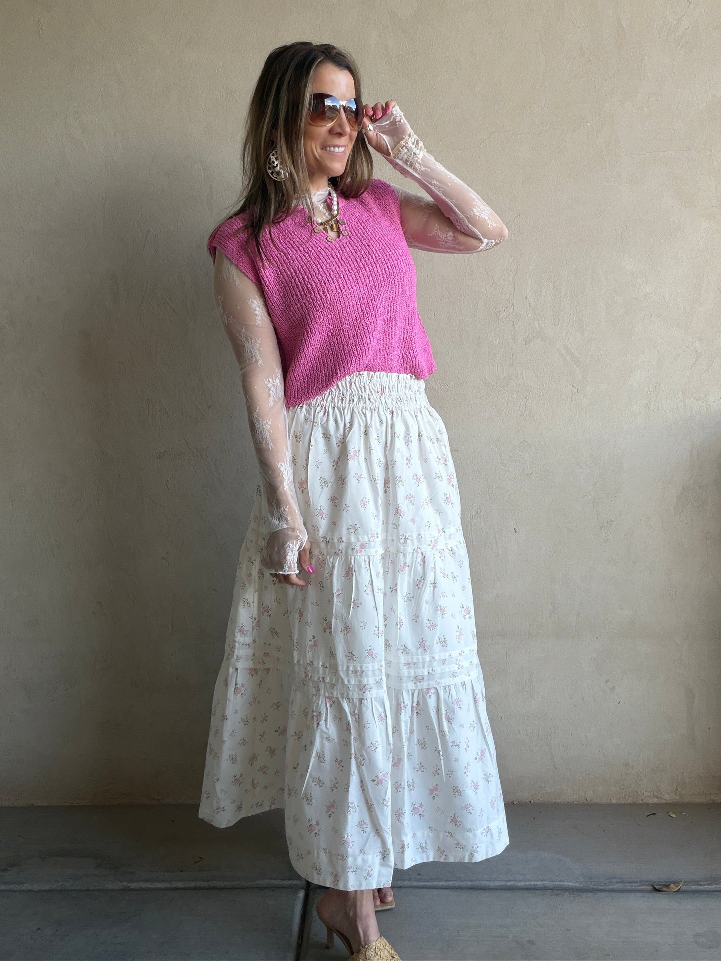 Kynlee Skirt in White & Pink & Green Floral