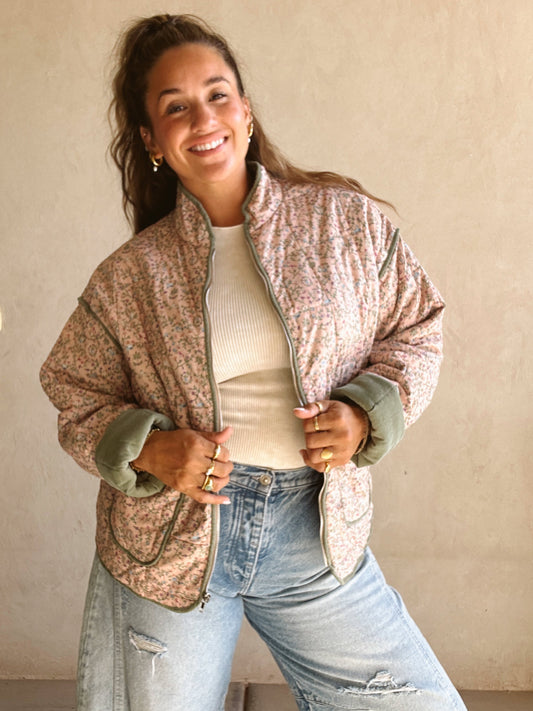 Amber Quilted Jacket in Pink and Sage