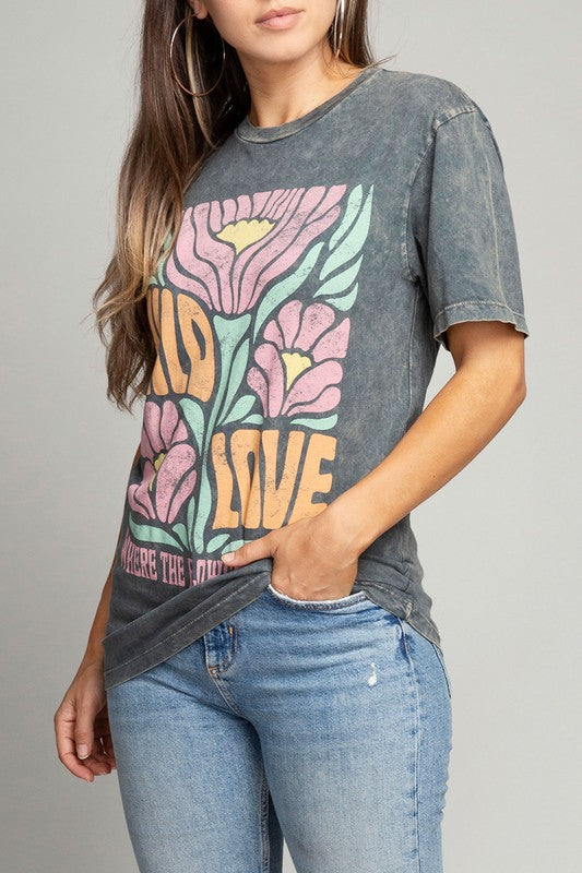 Wild Love Where The Flowers Bloom Tee in Stone Gray Mineral Wash