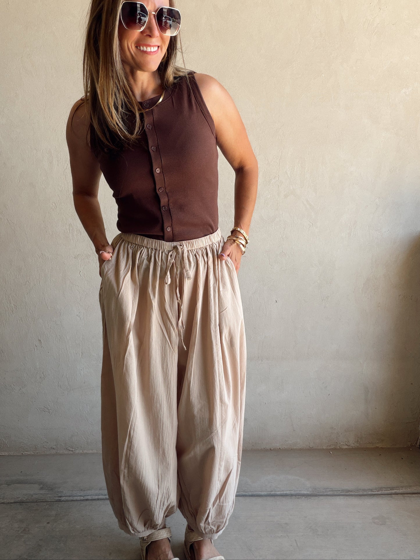 Tara Flowy Parachute Pants in Tan