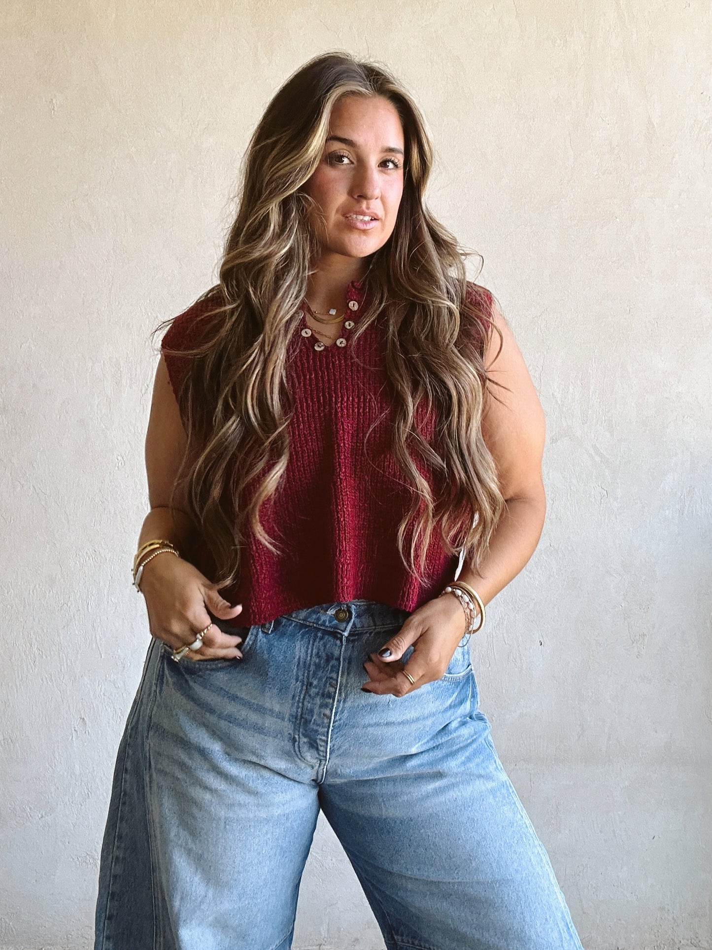 Candace V-Neck Top in Burgundy