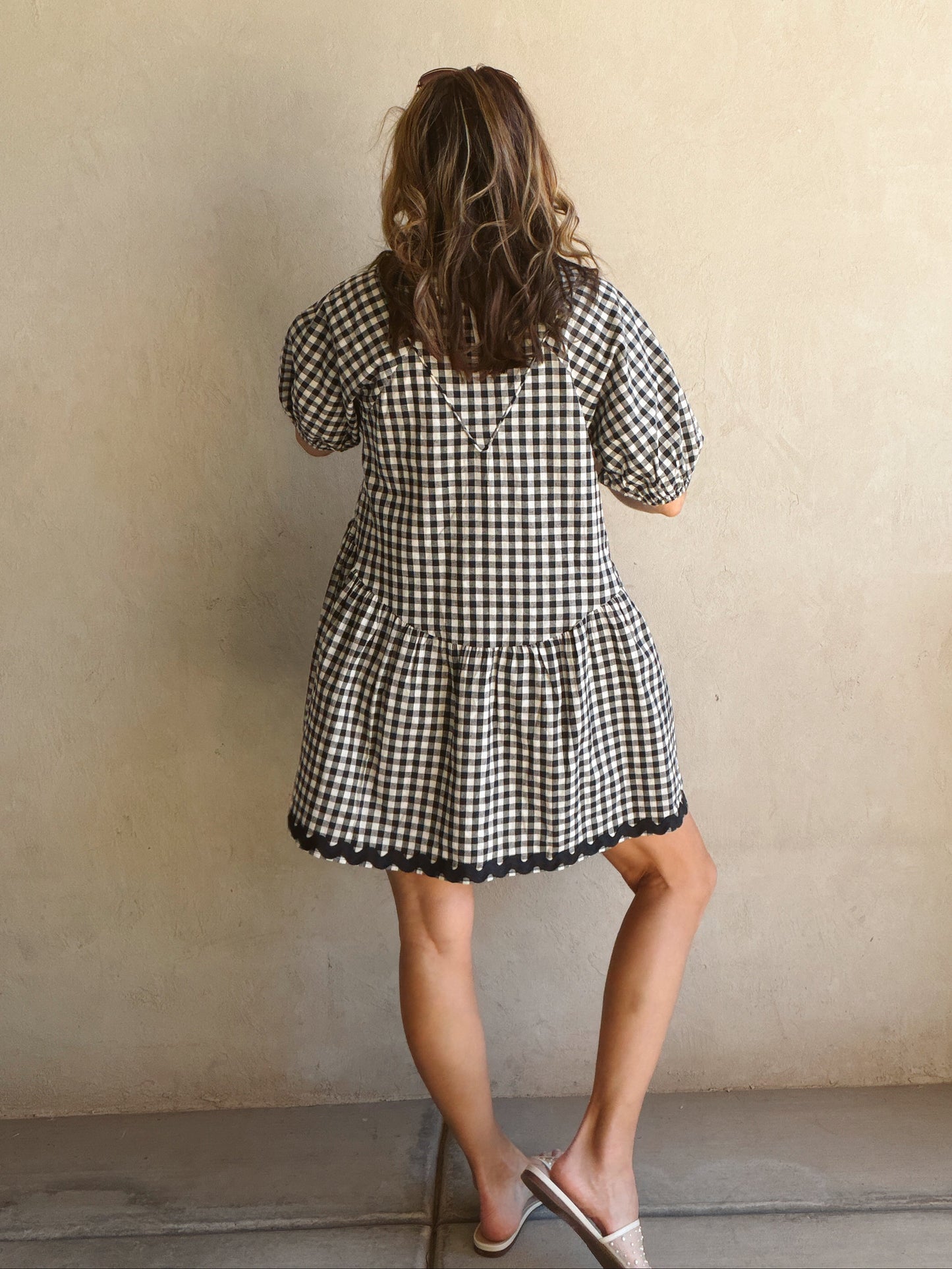 Tyra Tiered Midi Gingham Dress in Dark Navy