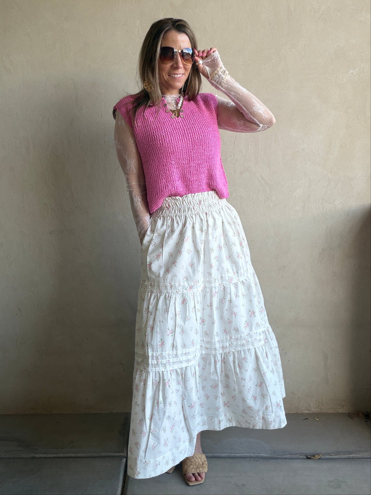 Kynlee Skirt in White & Pink & Green Floral