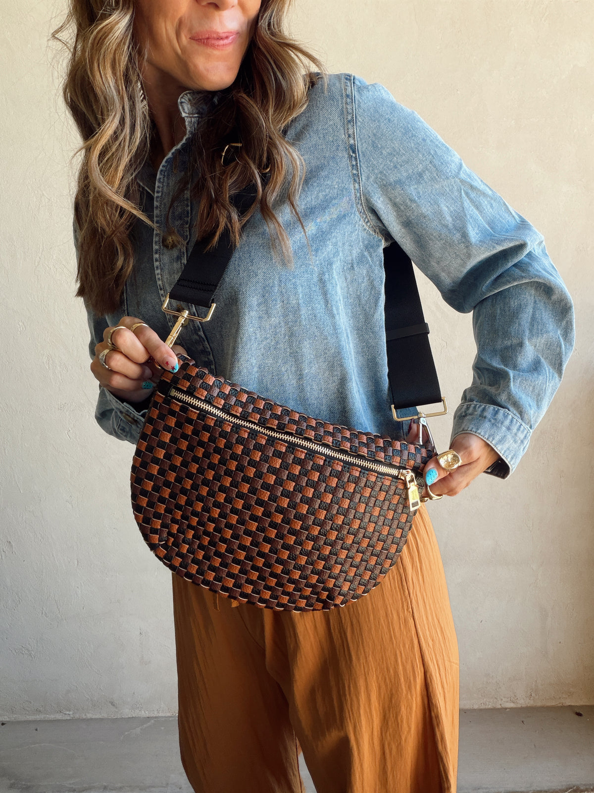 Betty Crossbody Bag in Cognac, Dark Brown, & Black