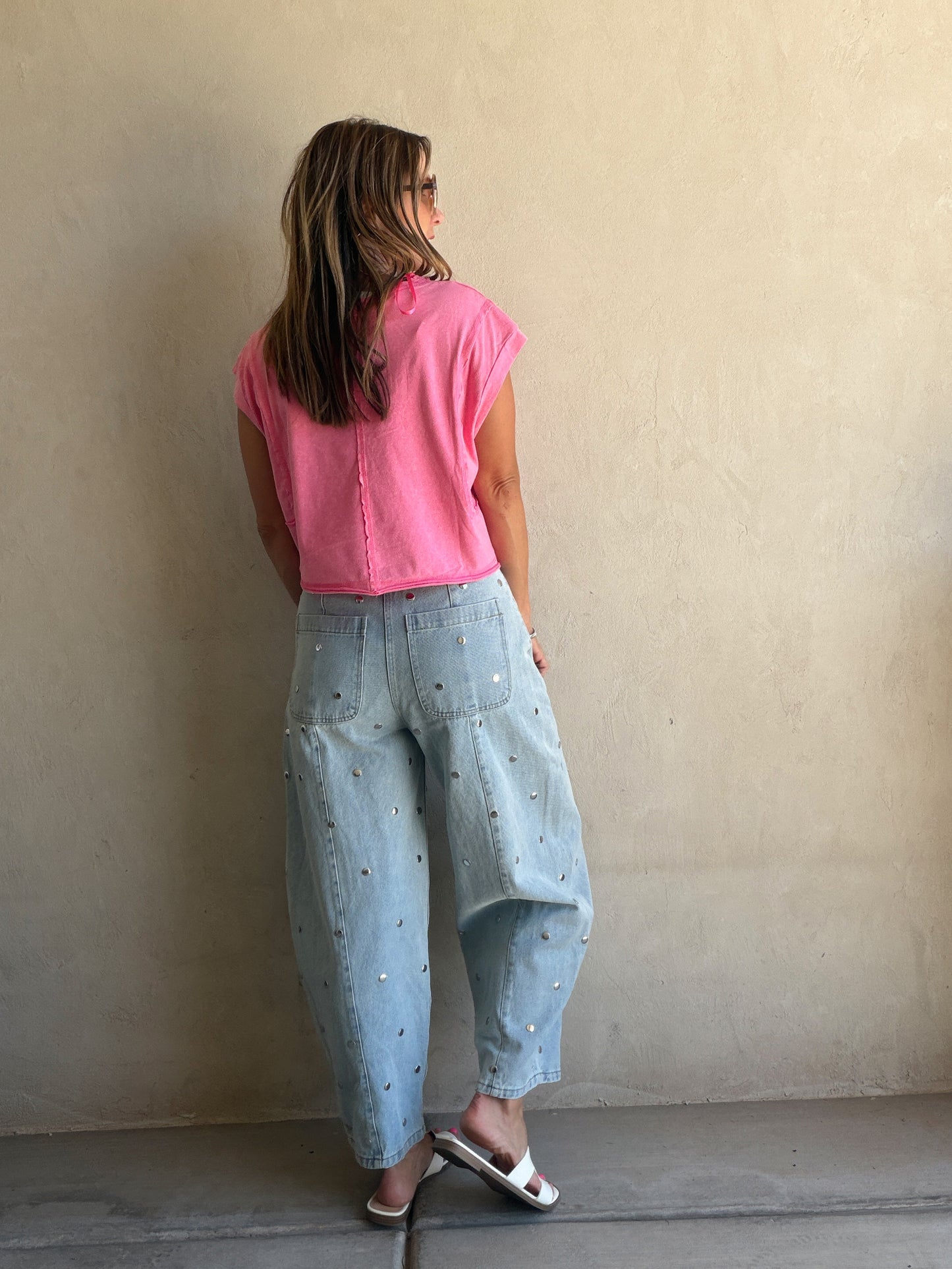 Lydia Light Wash Studded Barrel Jeans