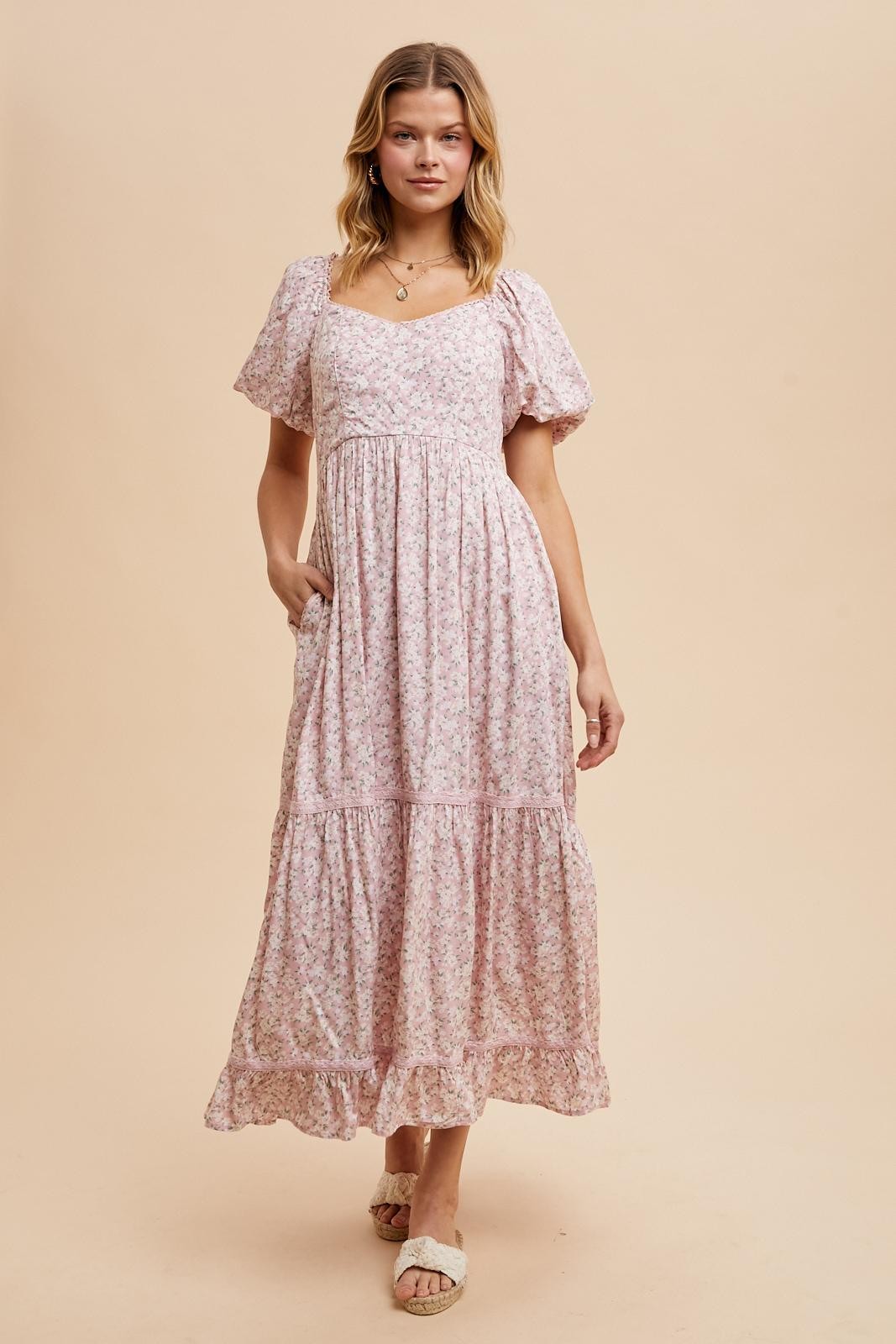 Christy Sweetheart Neck Dress in Pastel Pink Floral