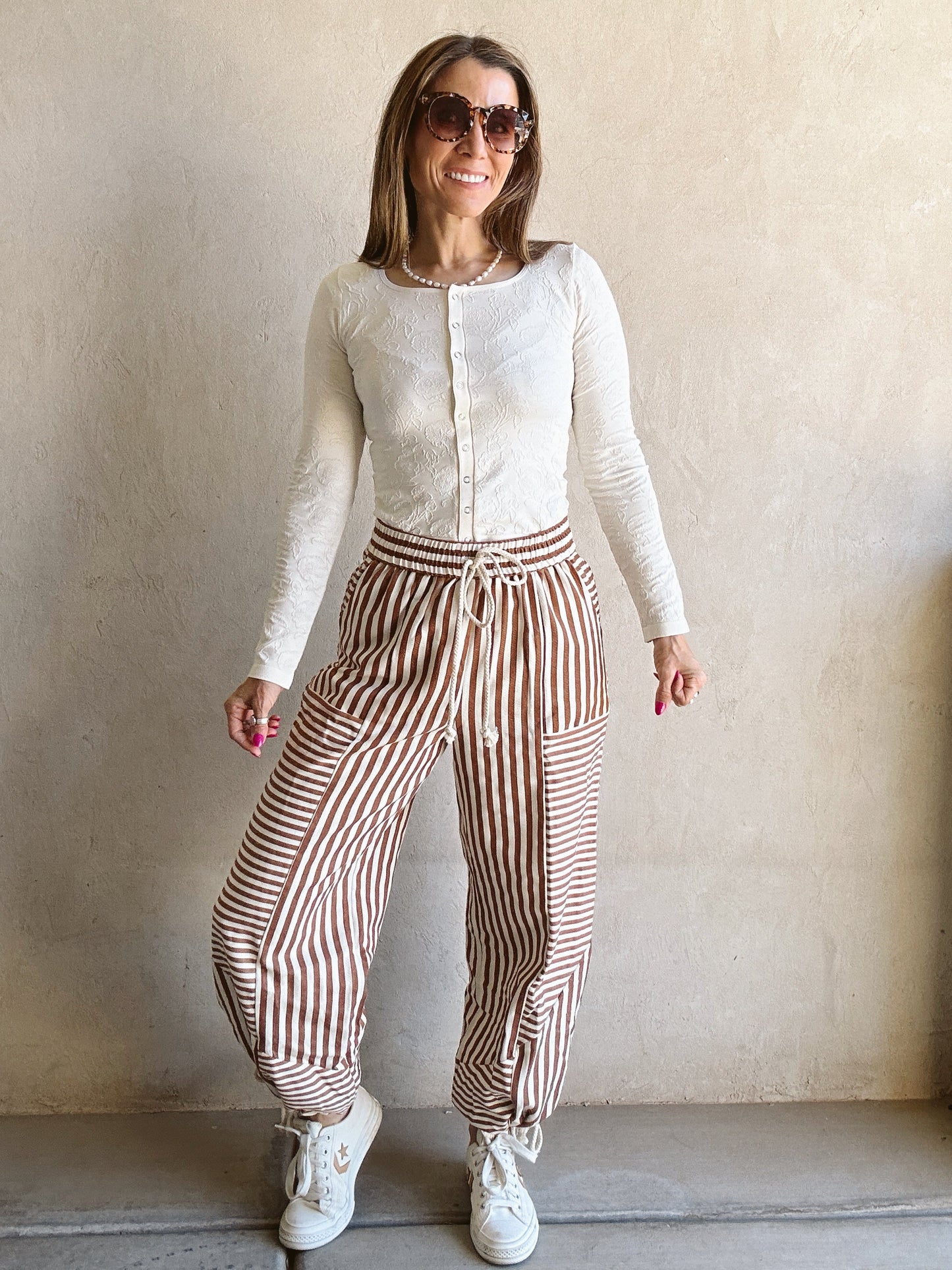 Ella Parachute Striped Pants in Pecan & Ivory