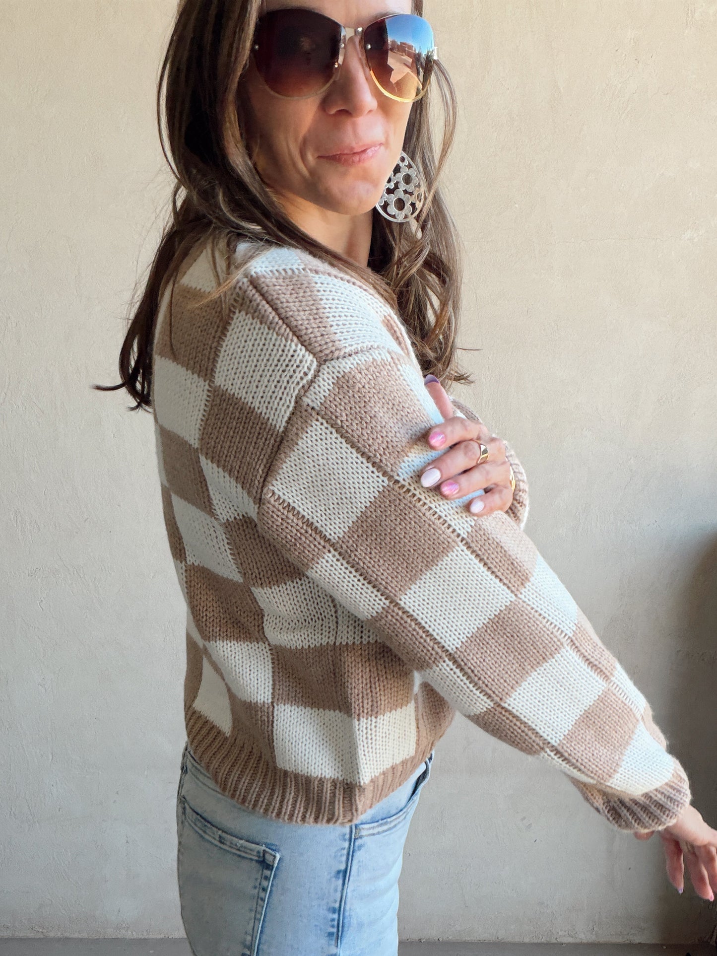 Sienna Check Sweater in Beige & Ivory