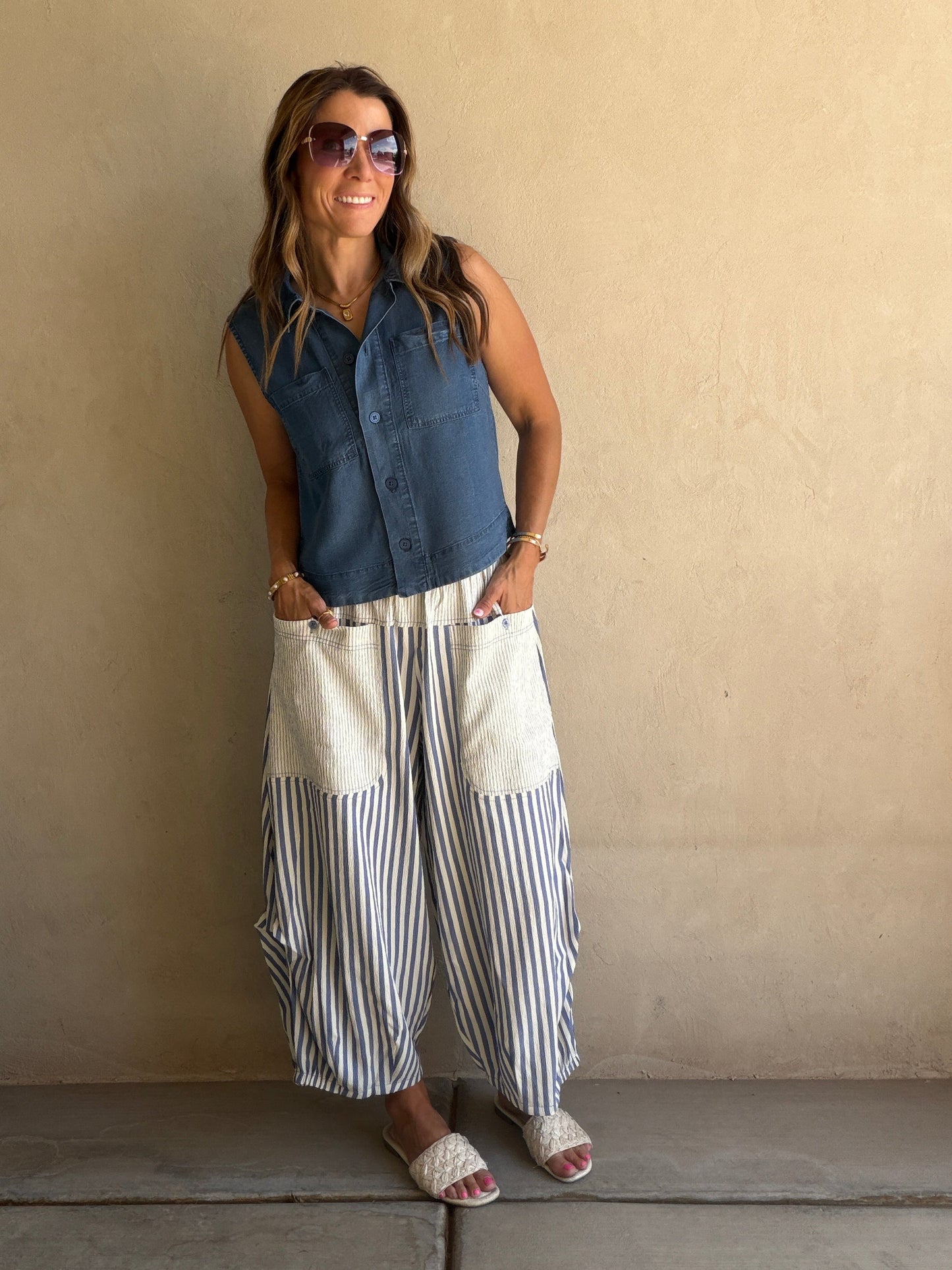 Charley Striped Parachute Pants in Blue & Cream