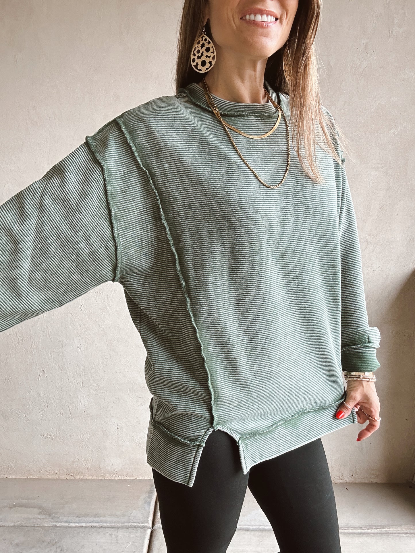 Darla Double Ribbed Pullover in Green