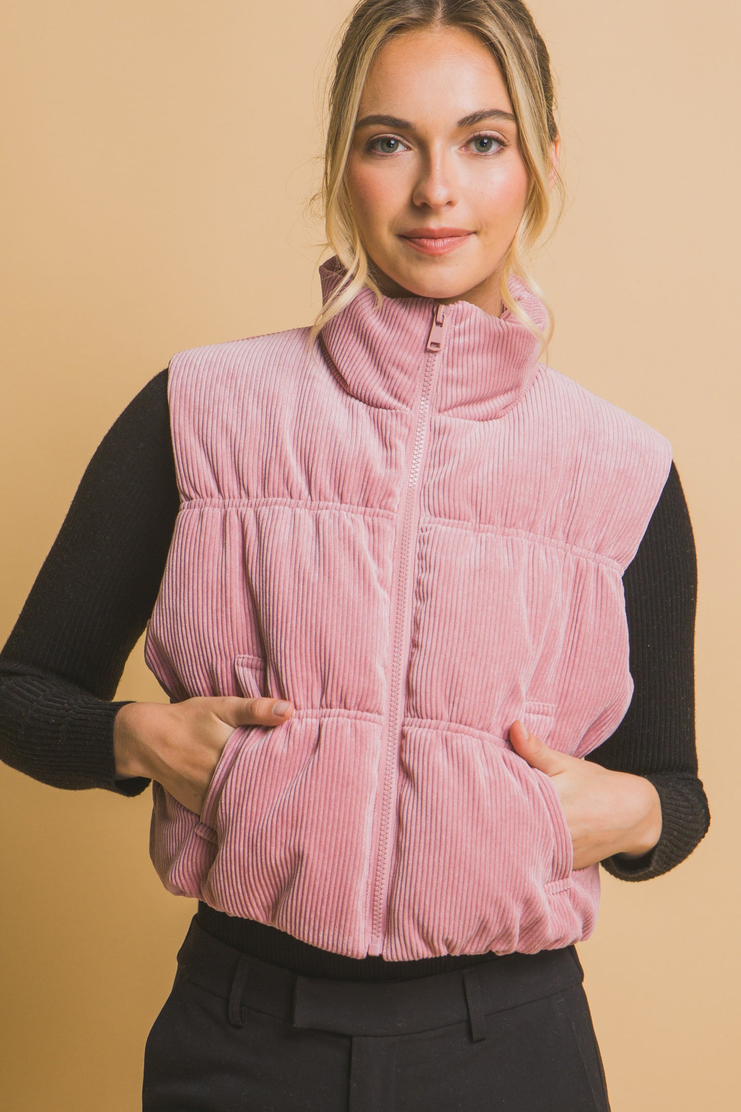 Corduroy Puffer Vest in Pink