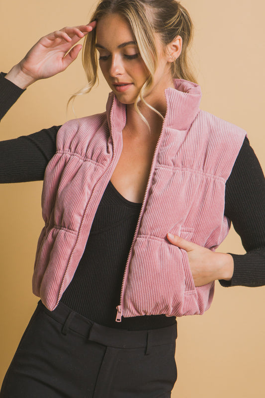 Corduroy Puffer Vest in Pink