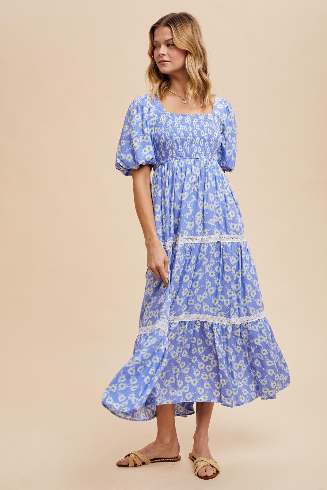 Nina Floral Square Neck Maxi Dress in Blue