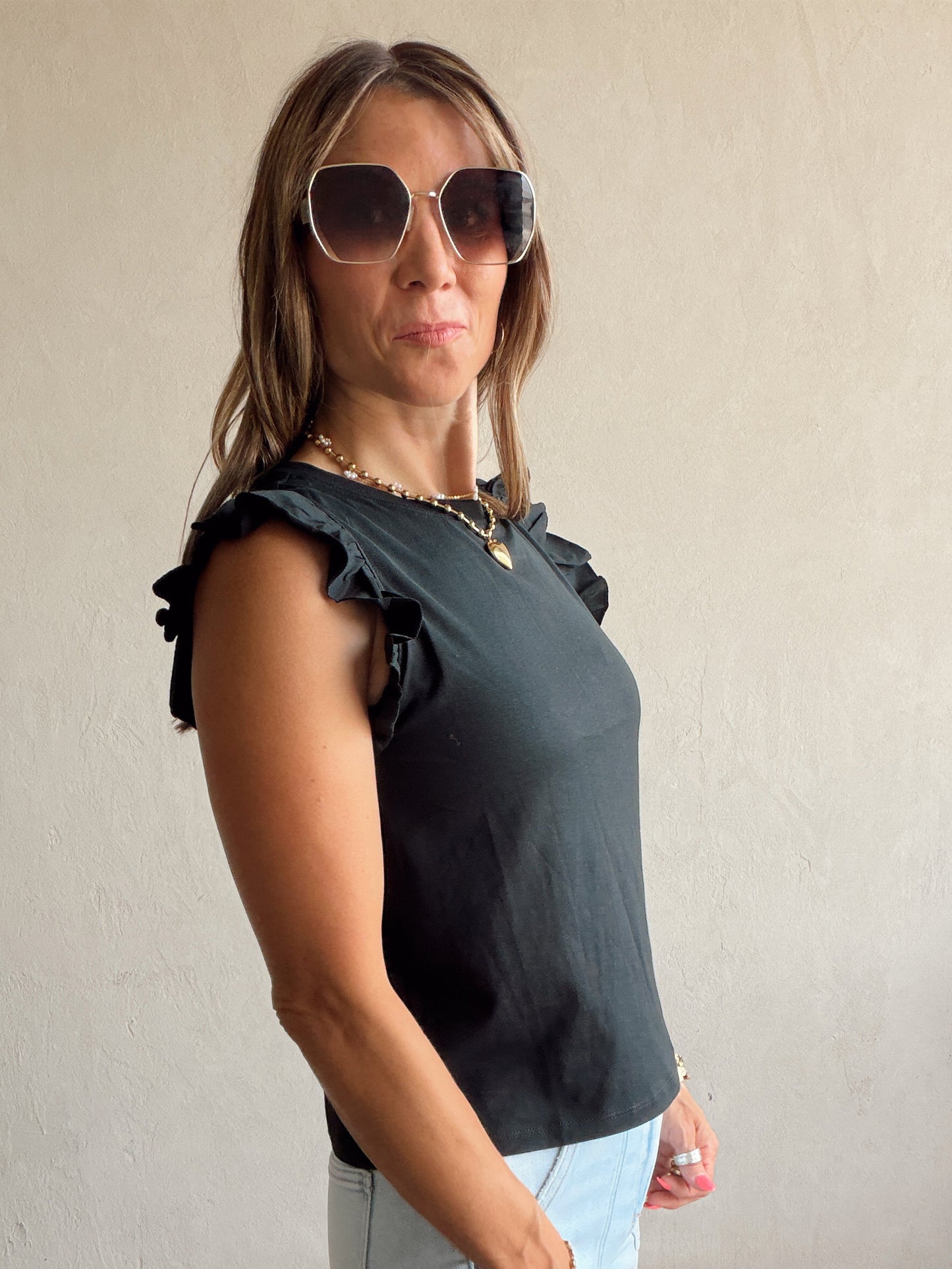 Hannah Ruffle Sleeve Tank in Black