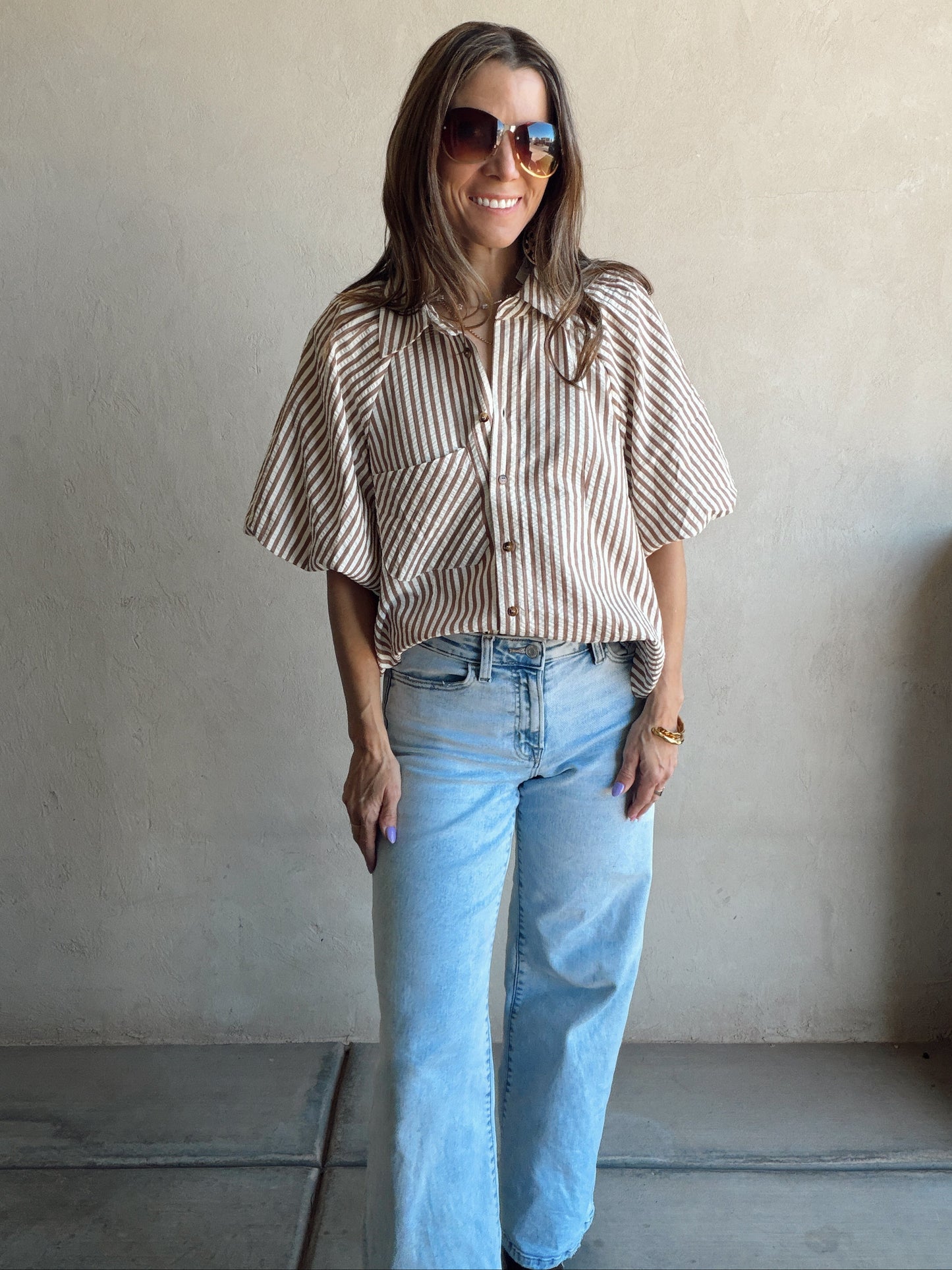 Jess Button Up Top in Pecan Stripe