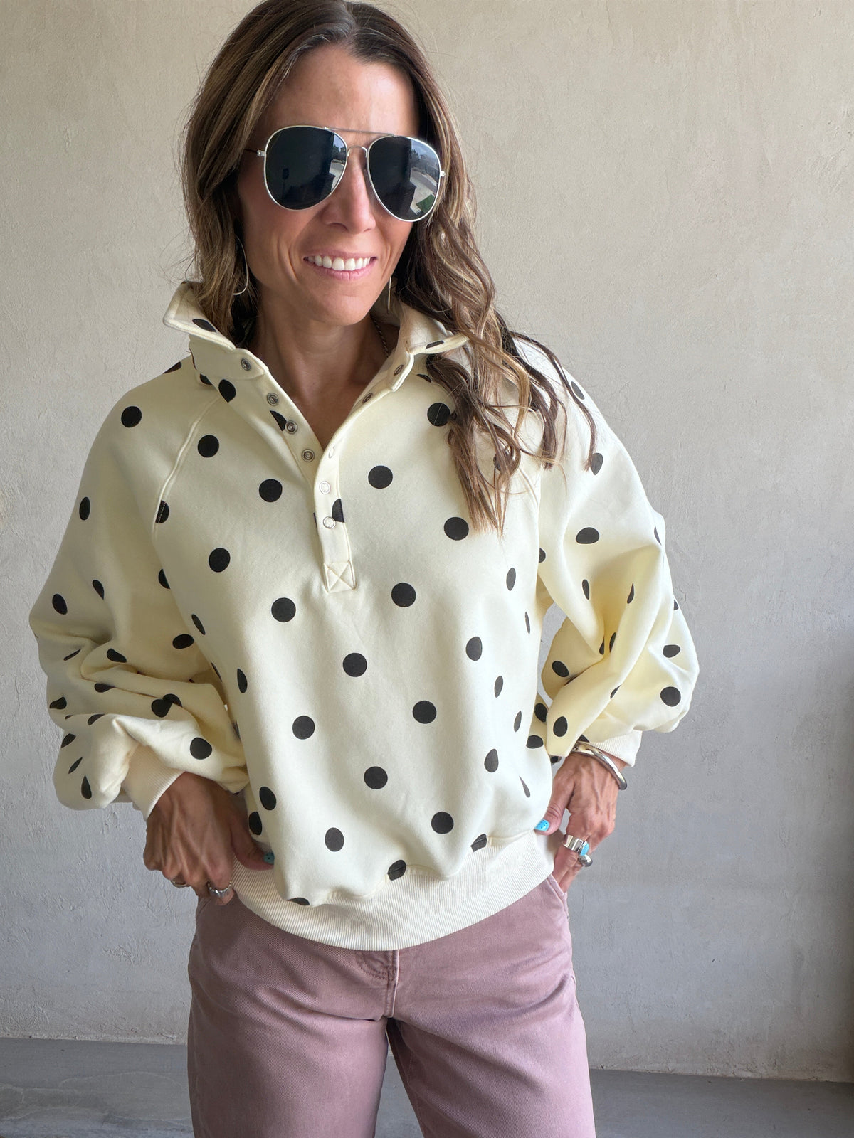 Kaylani Sweatshirt in Soft Yellow & Dark Brown Polka Dot