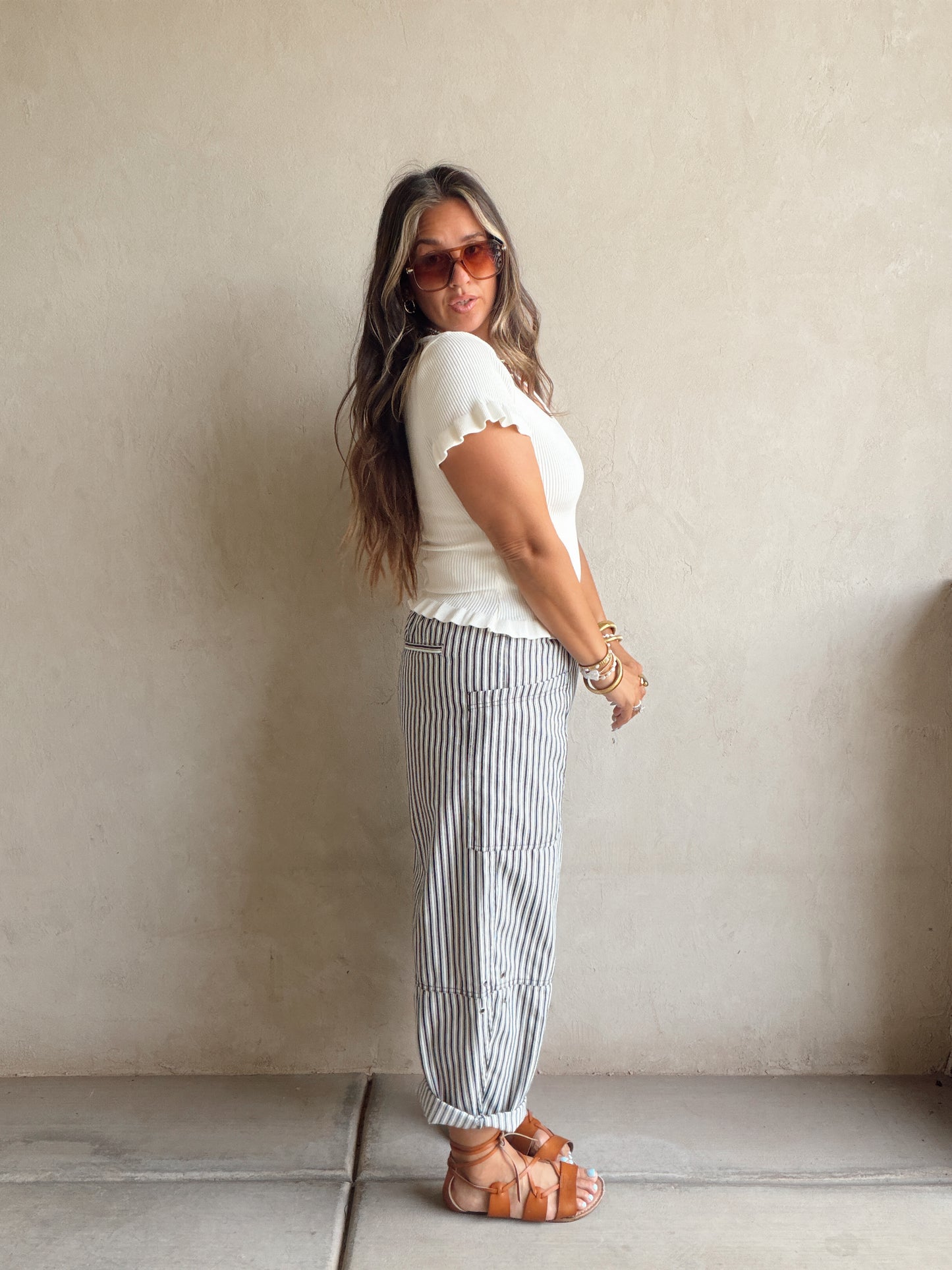 Rilee Ribbed White Scoop Neck Top in Ivory