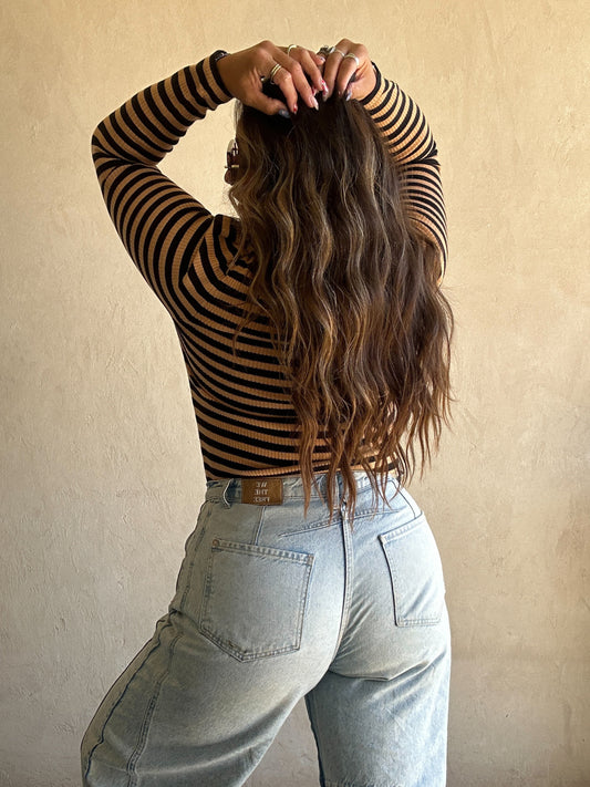Sheila Striped Boatneck Top in Carmel & Black