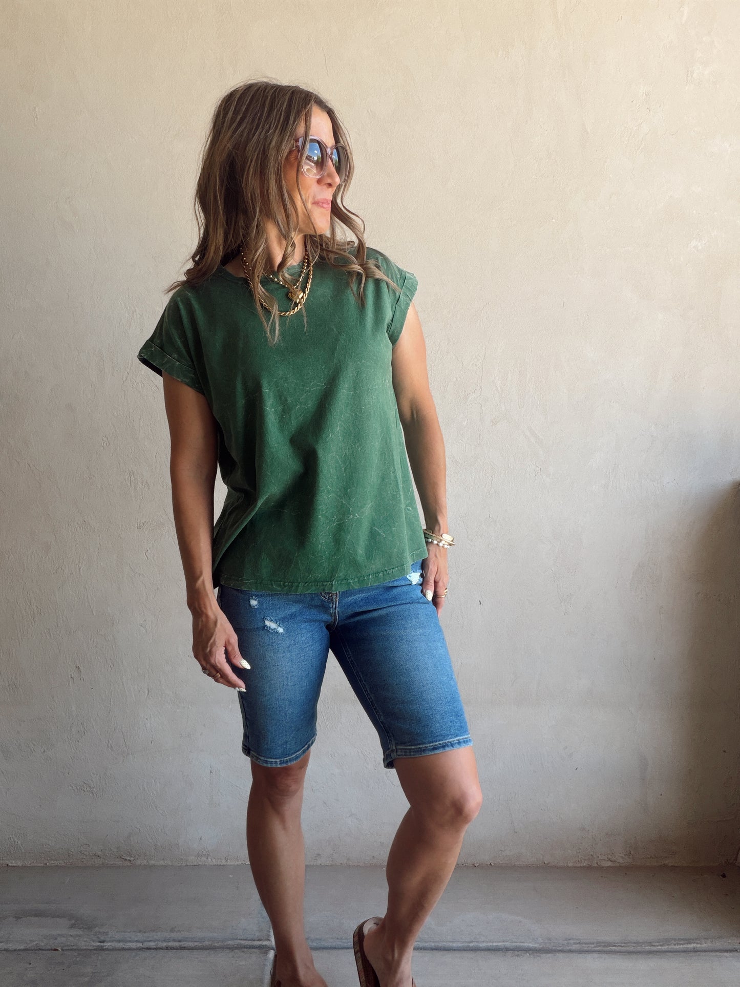 Amber Mineral Washed Top in Evergreen