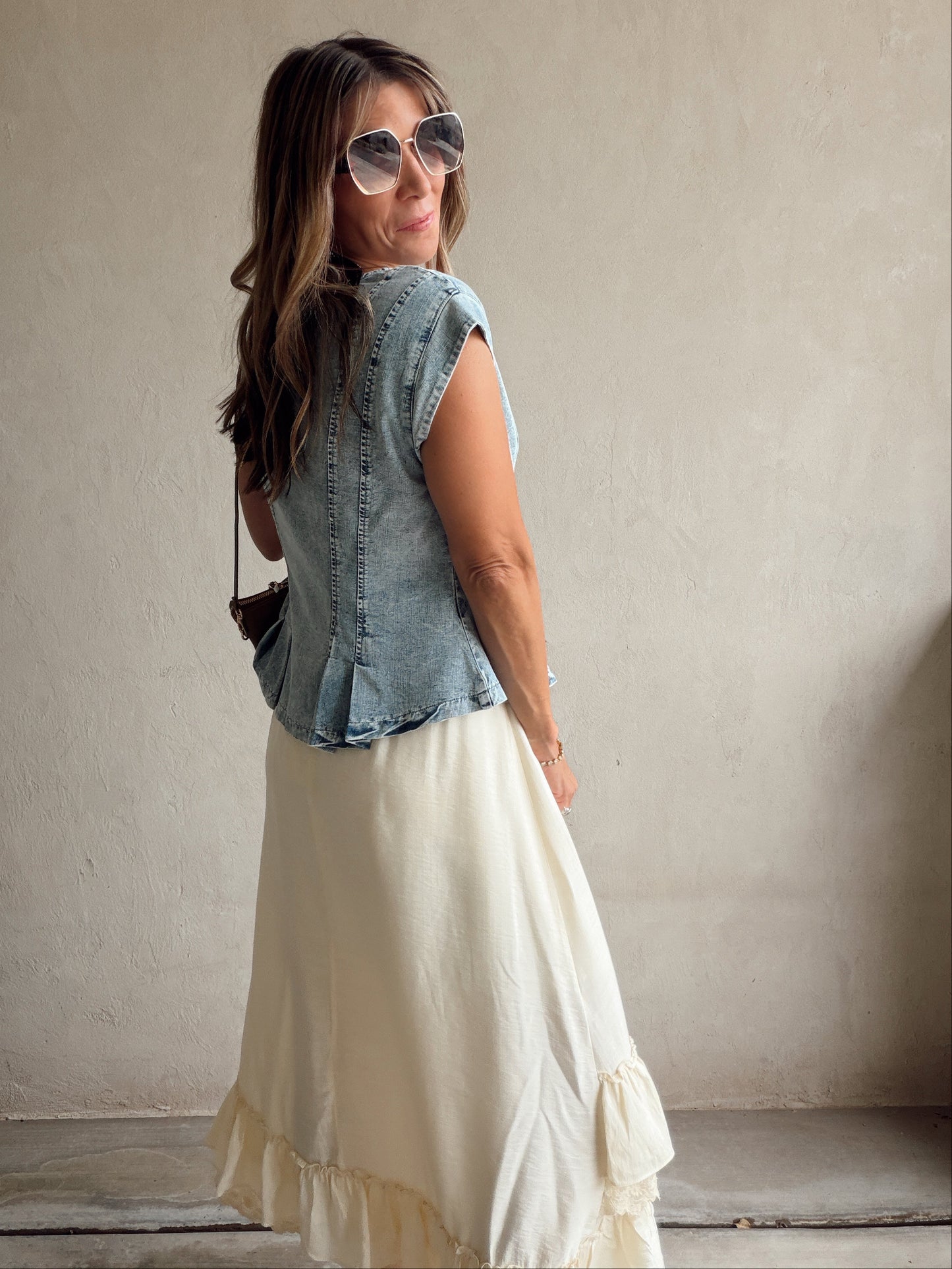 Kennedy Ruffle Top in Washed Denim
