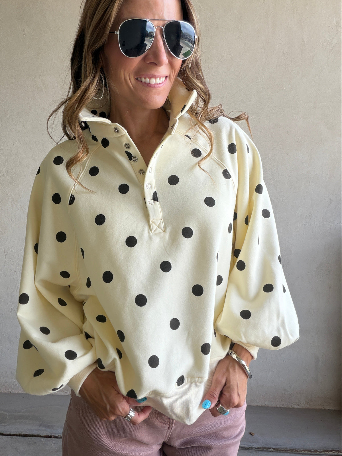 Kaylani Sweatshirt in Soft Yellow & Dark Brown Polka Dot