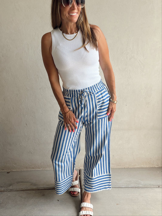 Kyla Drawstring Stripe Linen Pants in Blue & White