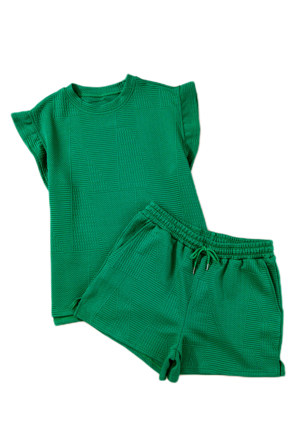 Dark Green Textured Ruffle Split Top and Drawstring Shorts (Takes 2 Weeks Delivery)