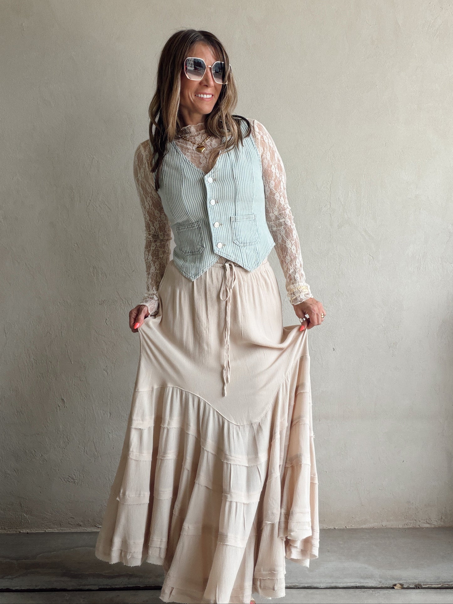 Paisley Boho Skirt in Light Beige