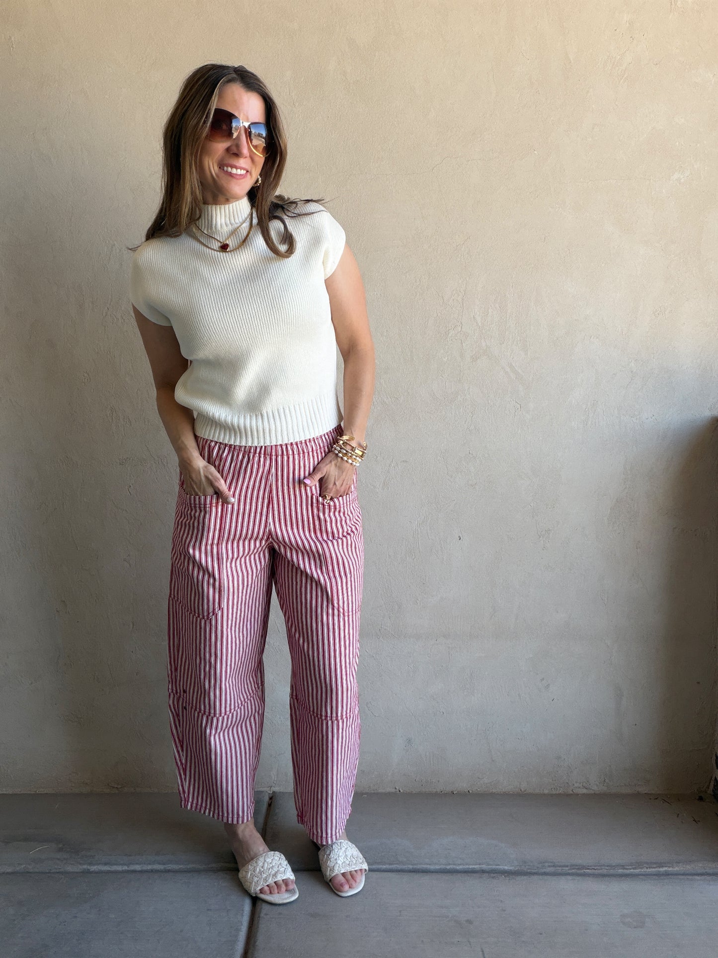 Striped Barrel Pant in Red