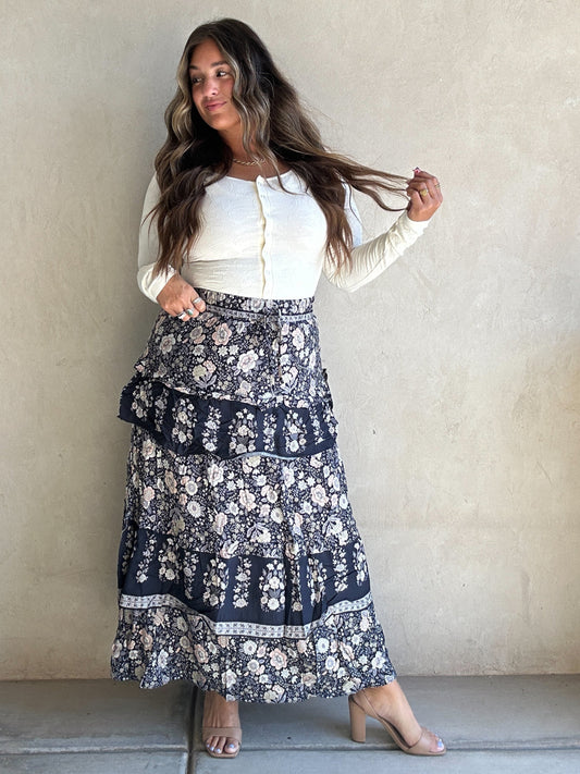 Taizley Tiered Skirt in Black Floral