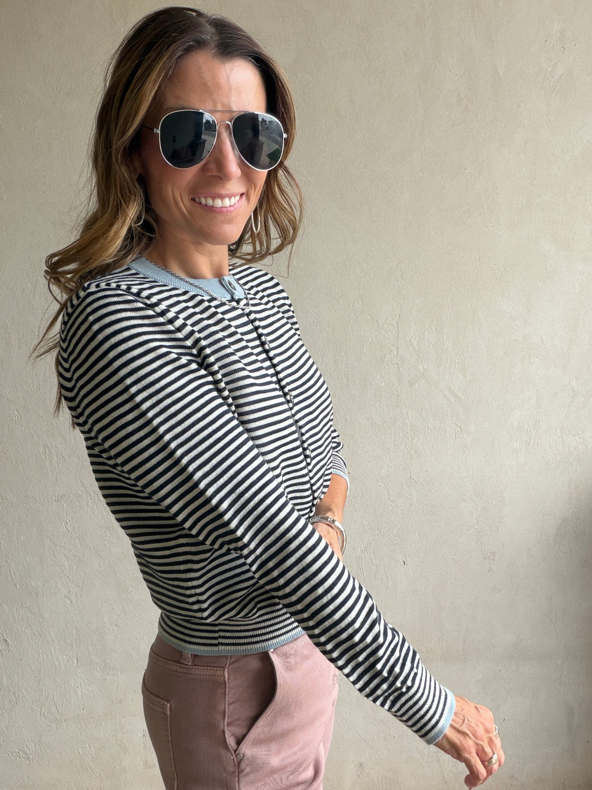 Adrienne Cardigan in in Dark Navy Stripe