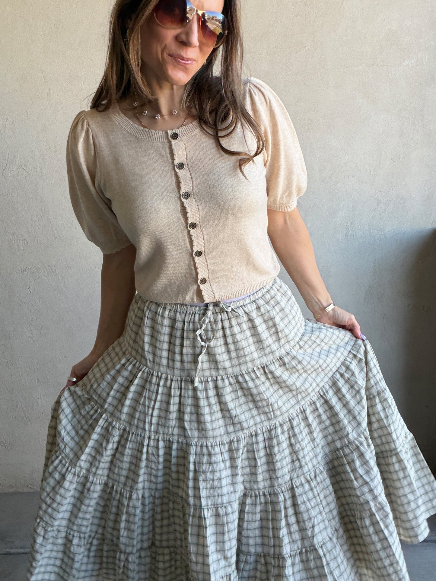 Sadie Midi Skirt in Olive, Tan & Cream