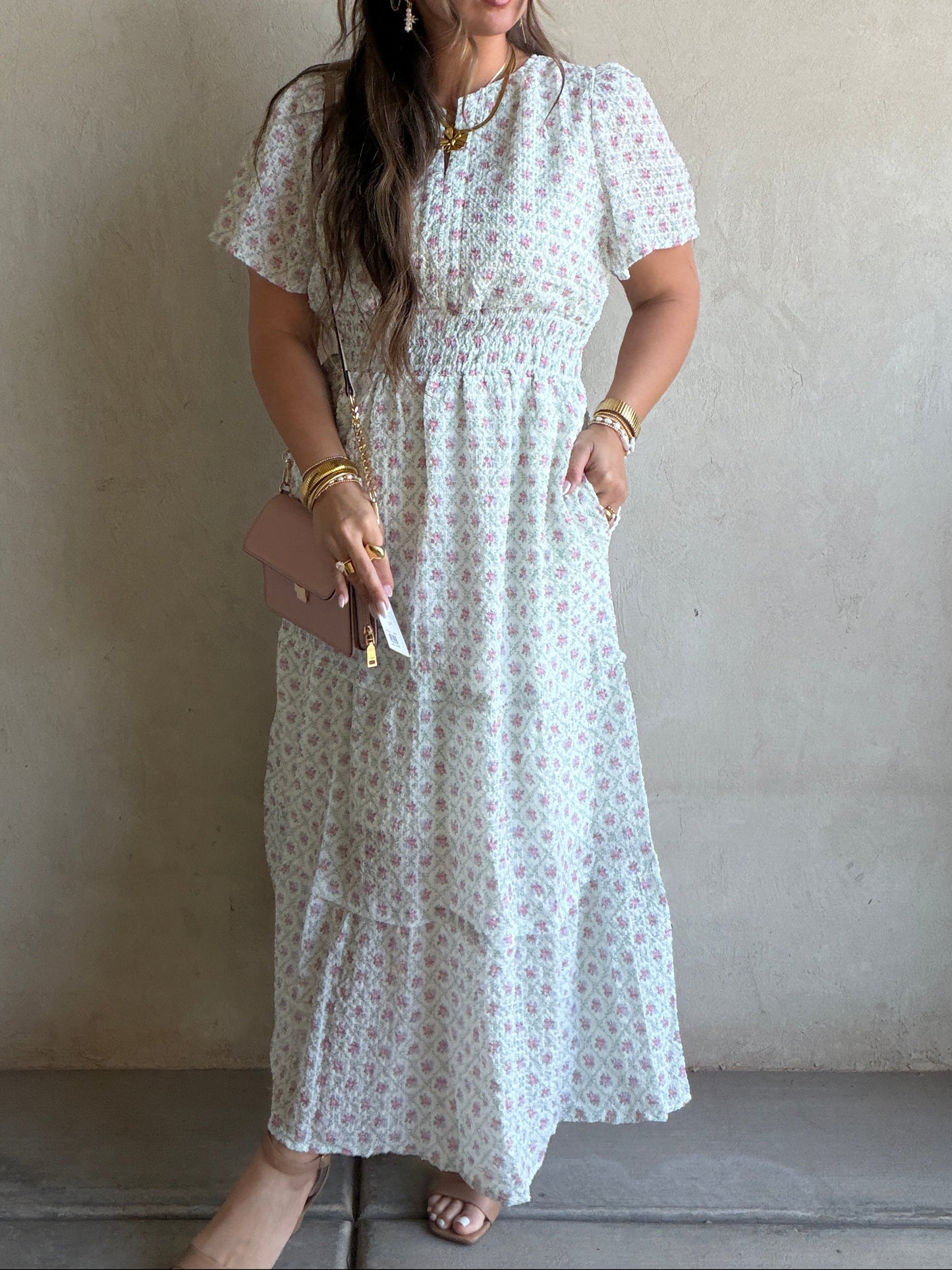 Sunday Floral Dress in Green, Pink & Ivory