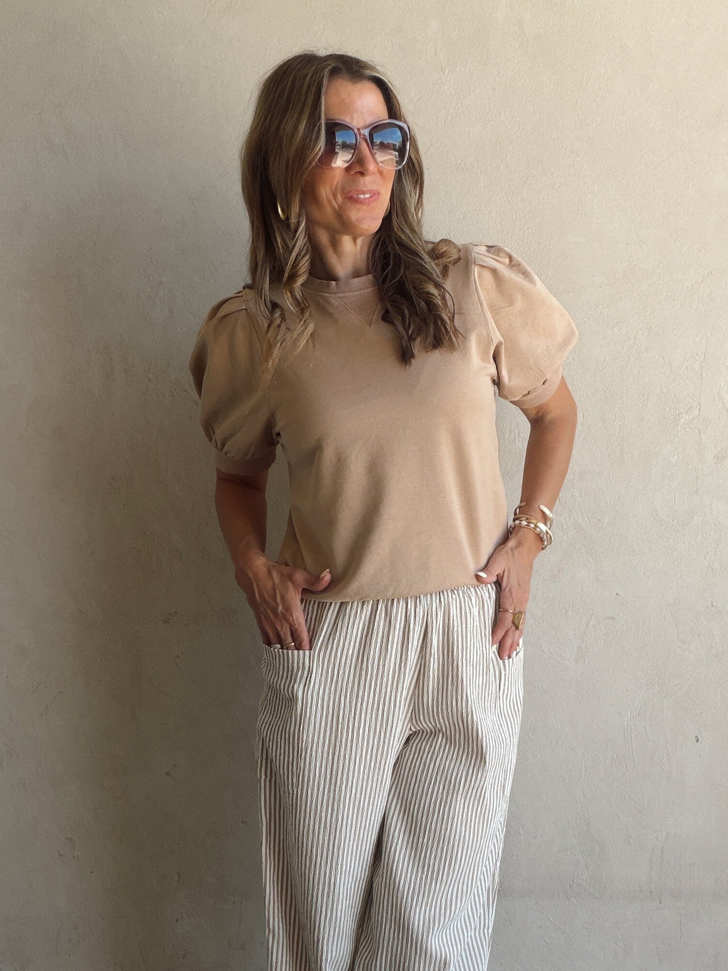 Natalie Puff Sleeve Top in Tan