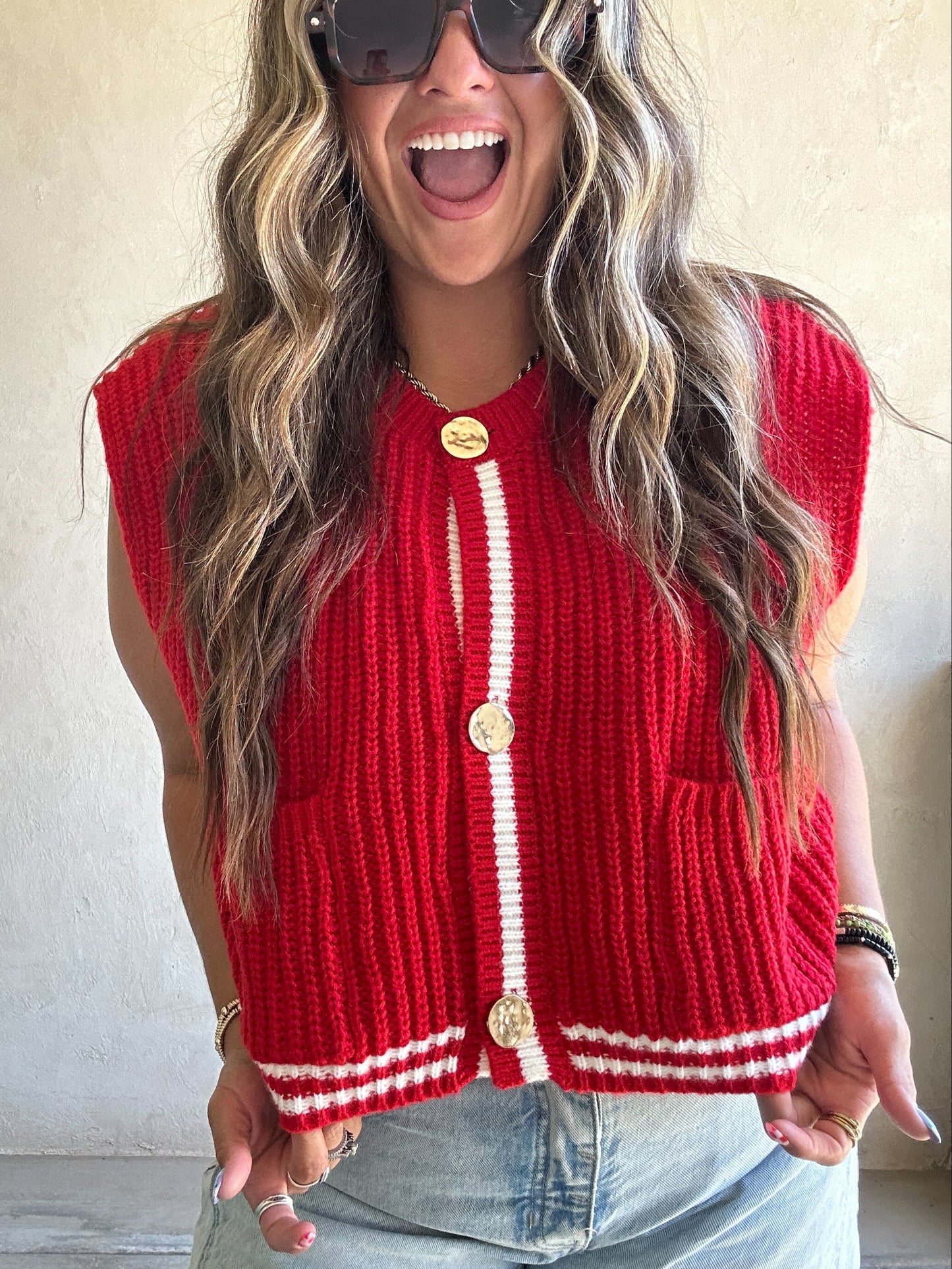 Rosy Sweater Vest in Red & Ivory