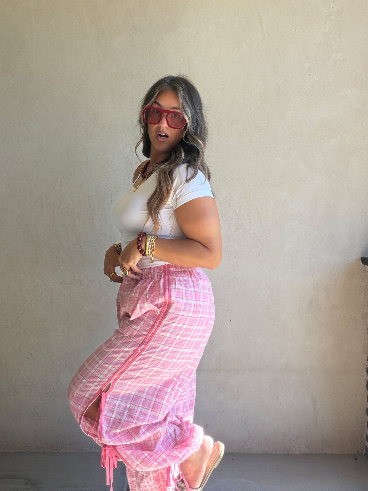 Christine Parachute Pants in Pink Plaid