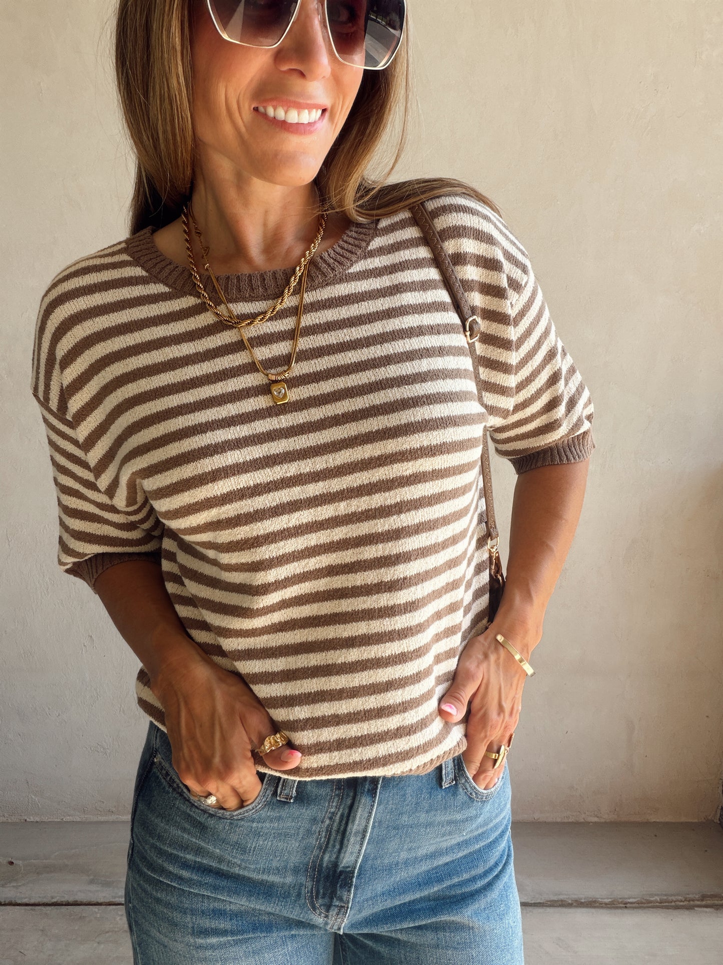 Emerald Striped Top in Mocha & Cream
