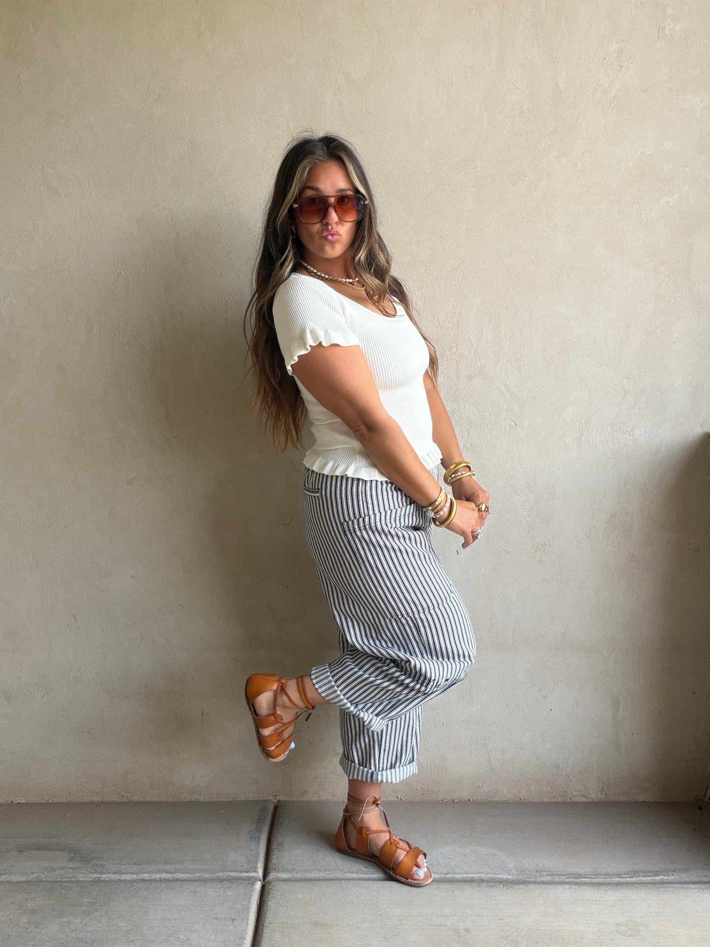 Striped Barrel Pant in Navy