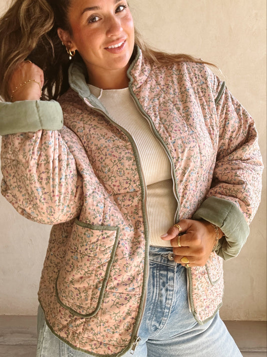 Amber Quilted Jacket in Pink and Sage