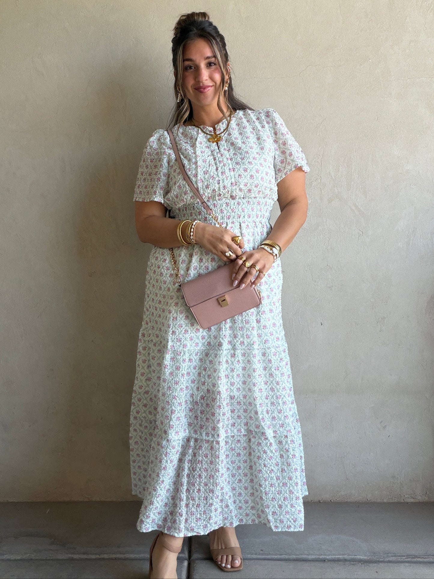 Sunday Floral Dress in Green, Pink & Ivory