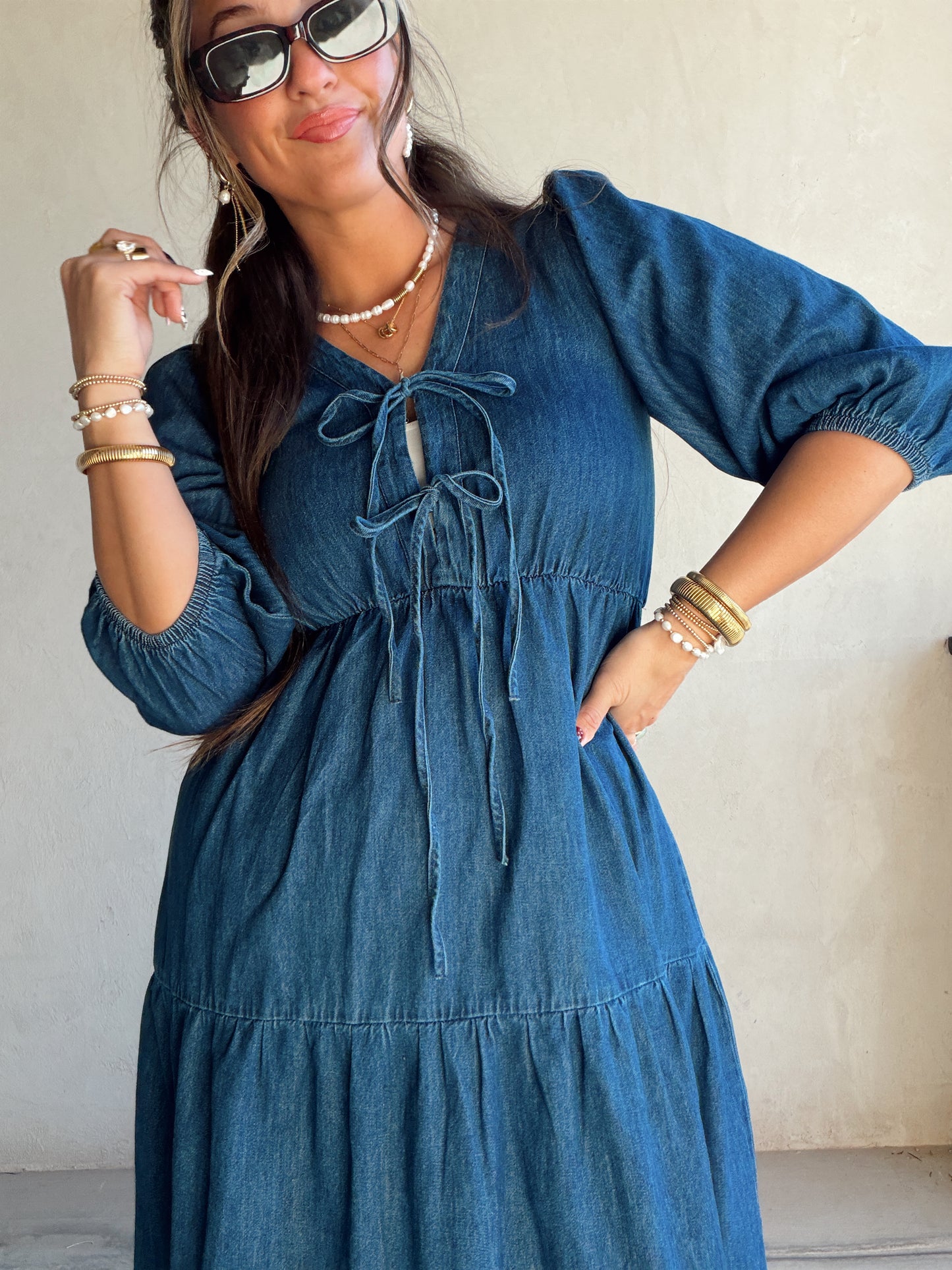 Jolee Bow Maxi Dress in Denim